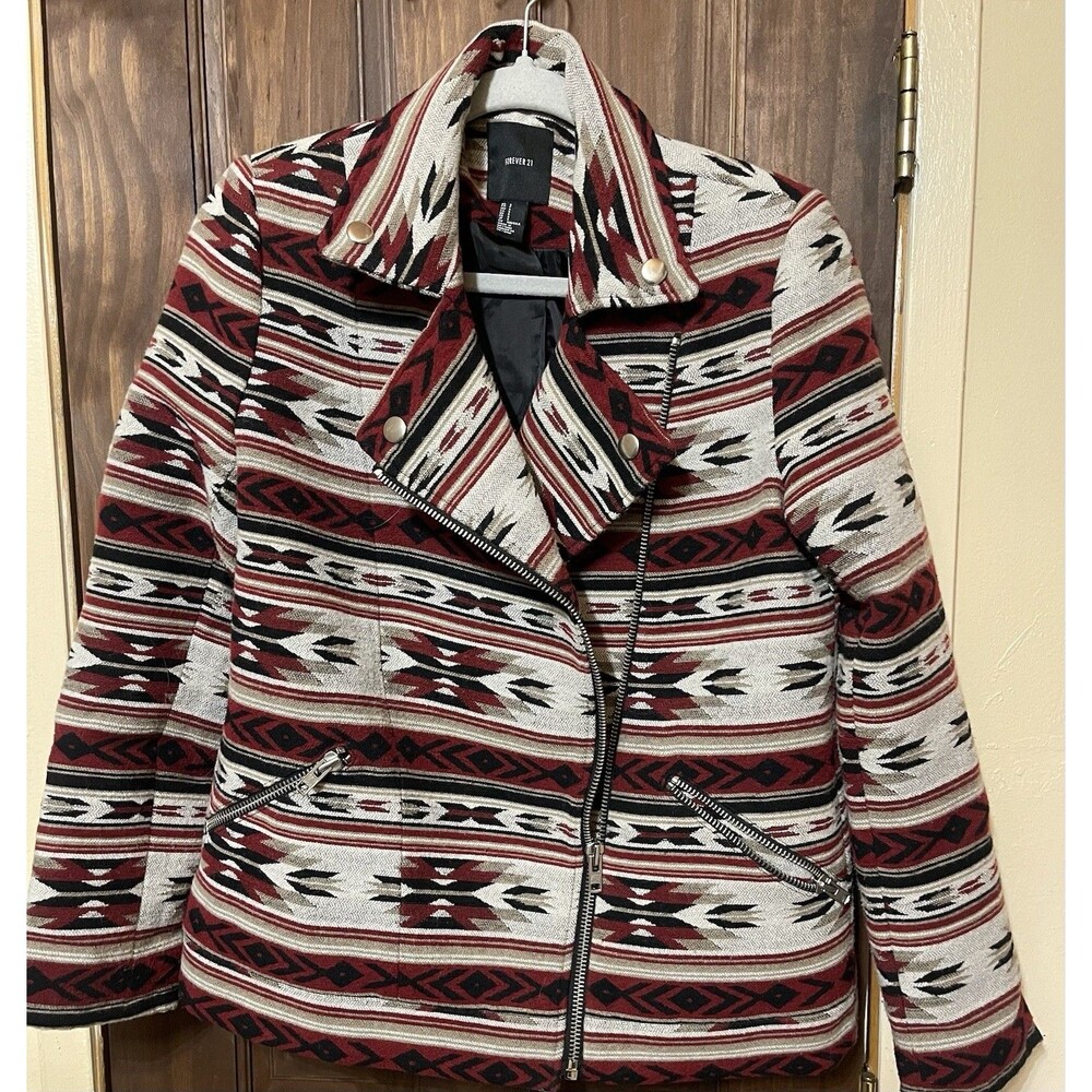 Boxy Southwestern Moto Jacket Size S Aztec Wool Blend Blanket Coat Cowgirl F 21
